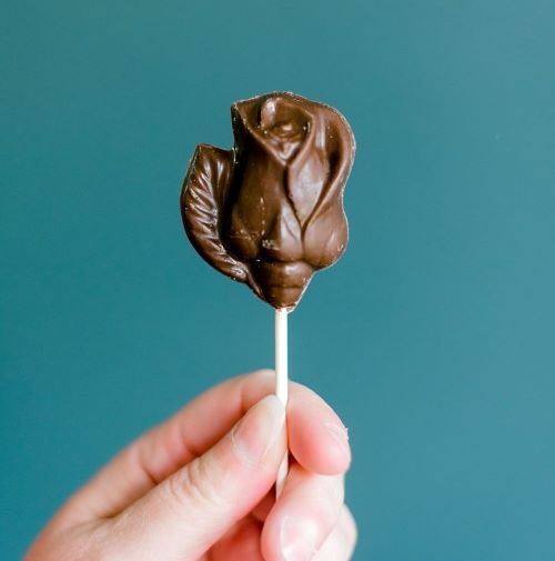 chocolate rose bud with leaf lollipop